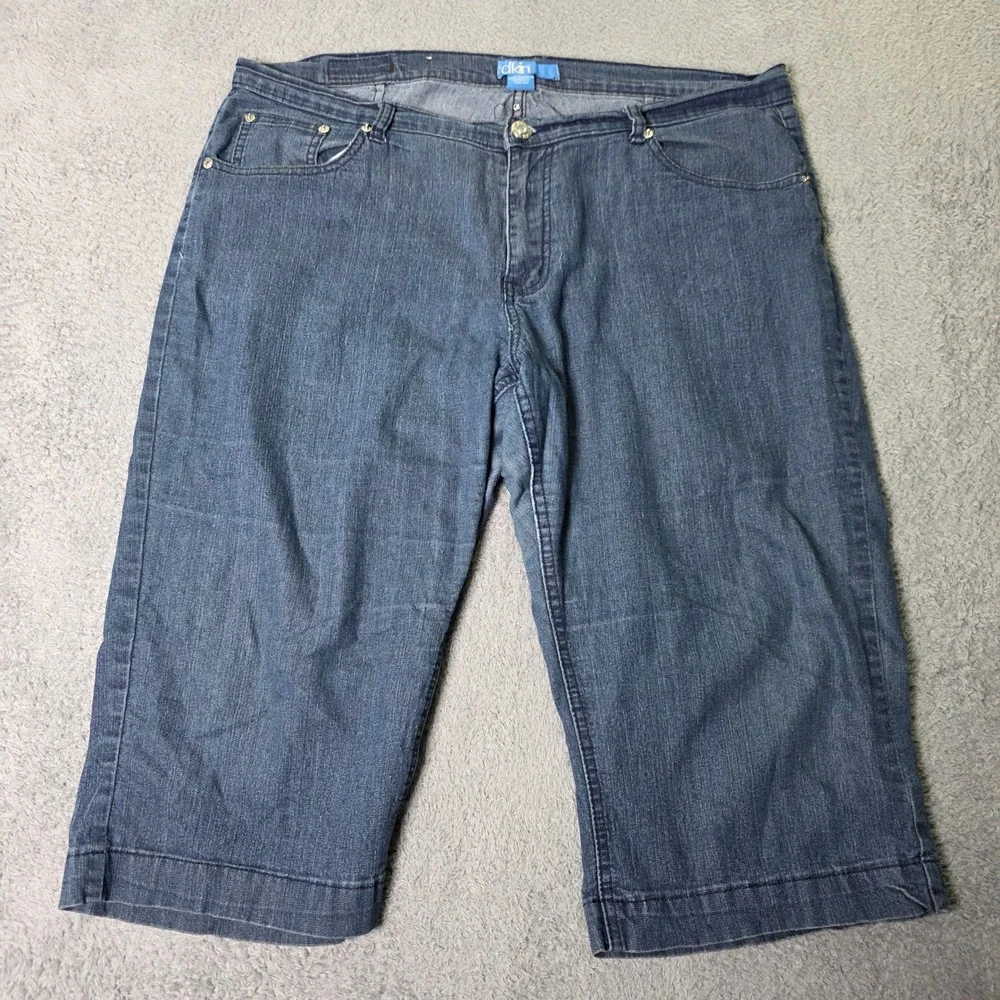 DKIN Womens 18W Denim Bermuda Shorts Blue Stretch Mid Rise Button Flap Pockets